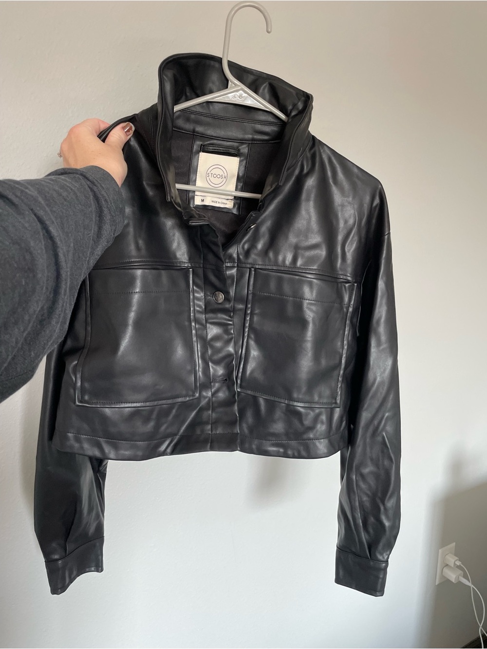 Stoosh Black Faux Leather Cropped Jacket with Patch Pockets - Never Worn